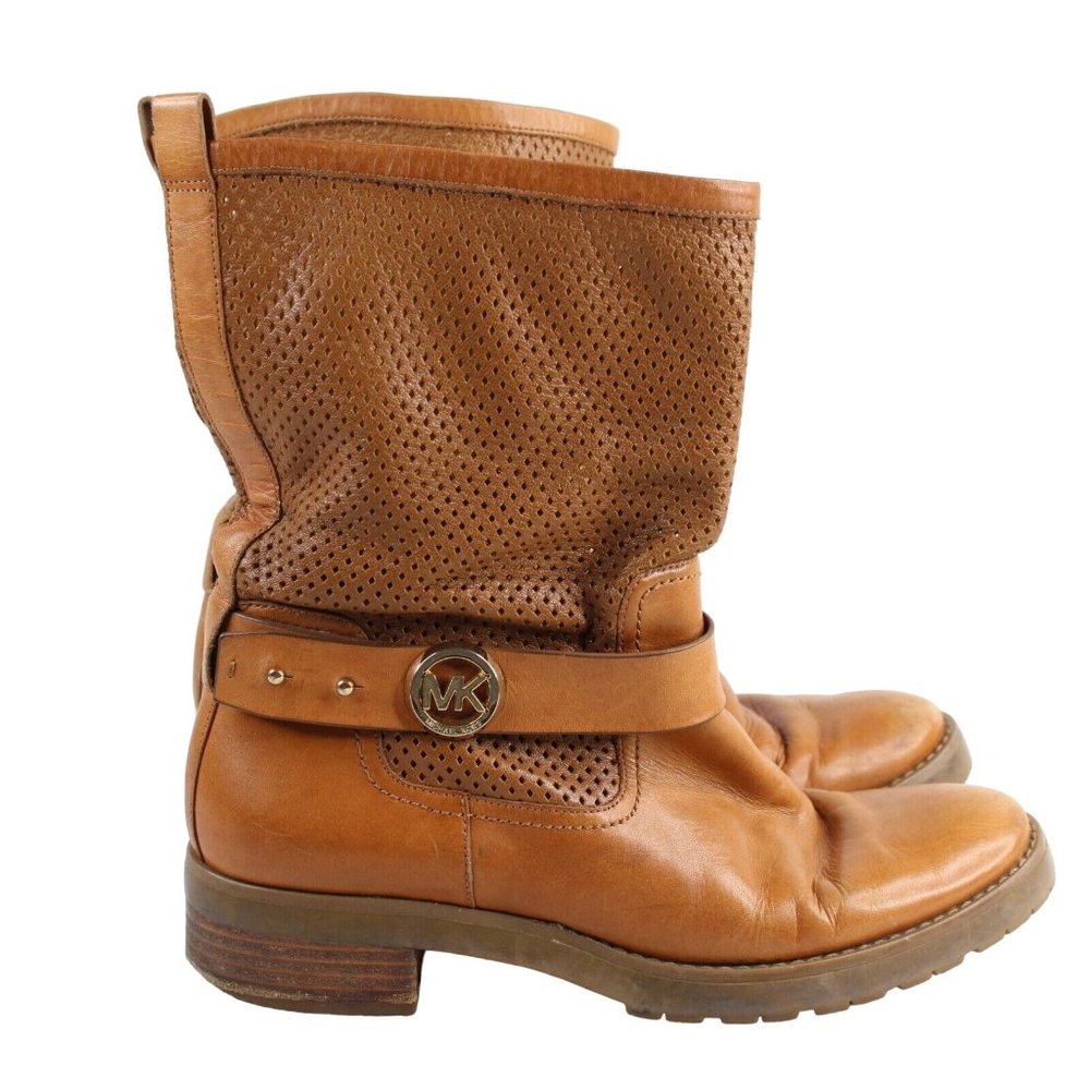 Michael Kors Womens Sz 7.5 Daria Luggage MK Logo Perforated Brown Leather Boots - Picture 4 of 10